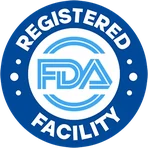 FDA-registered facility emblem, a statement about the factory