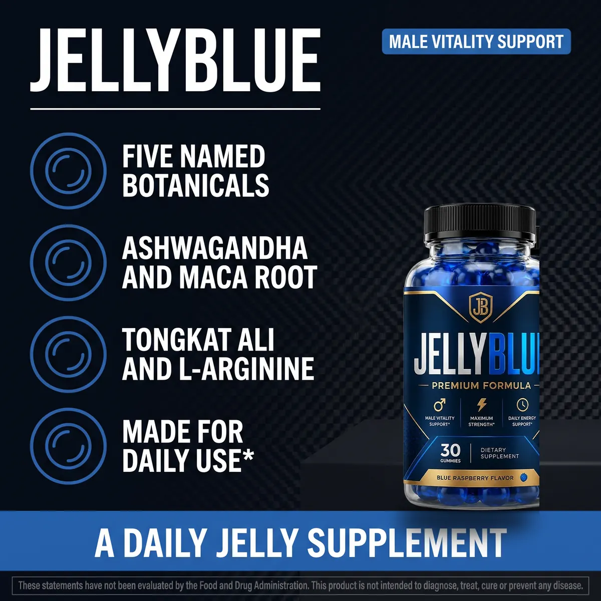 The JellyBlue bottle beside its male vitality support claim