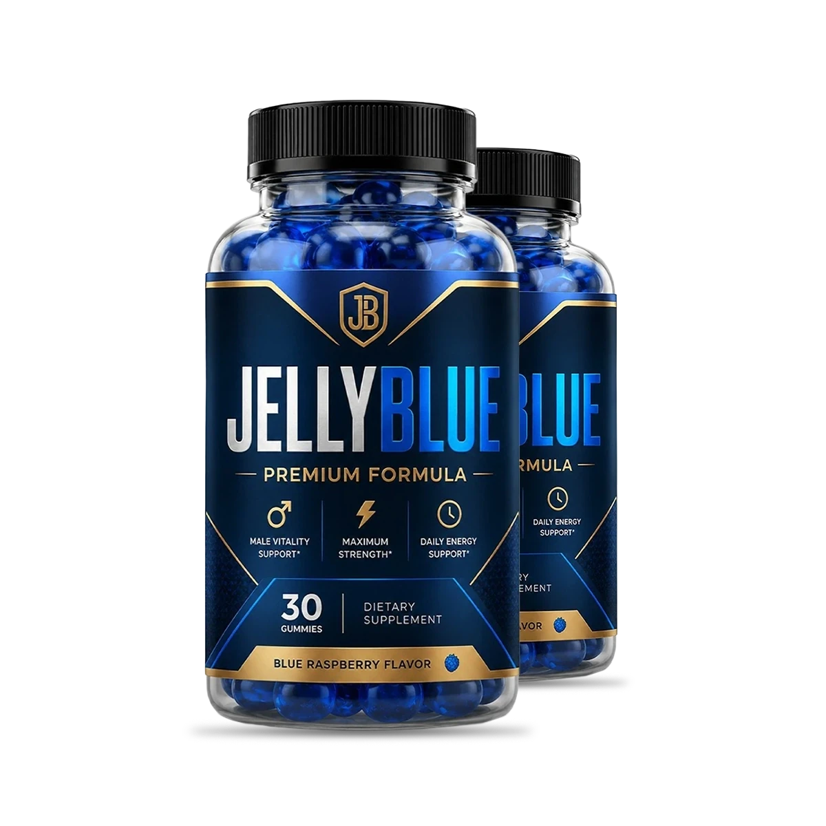 The JellyBlue bottle, front label, 30 chewable gummies