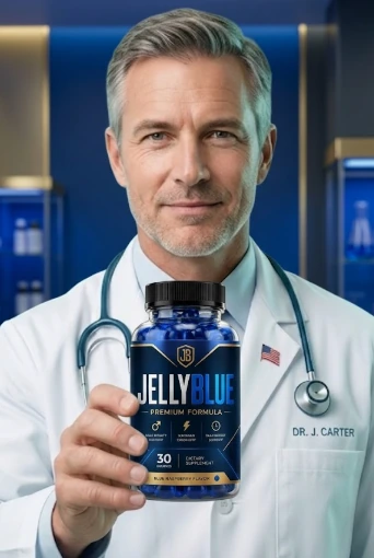 Doctor holding a bottle of JellyBlue