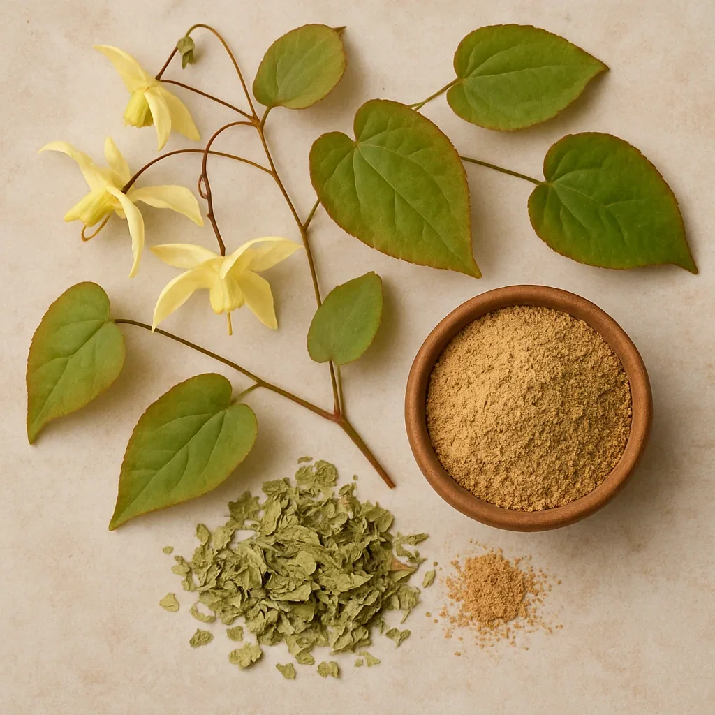 Horny goat weed (epimedium) leaves, flowers and powder
