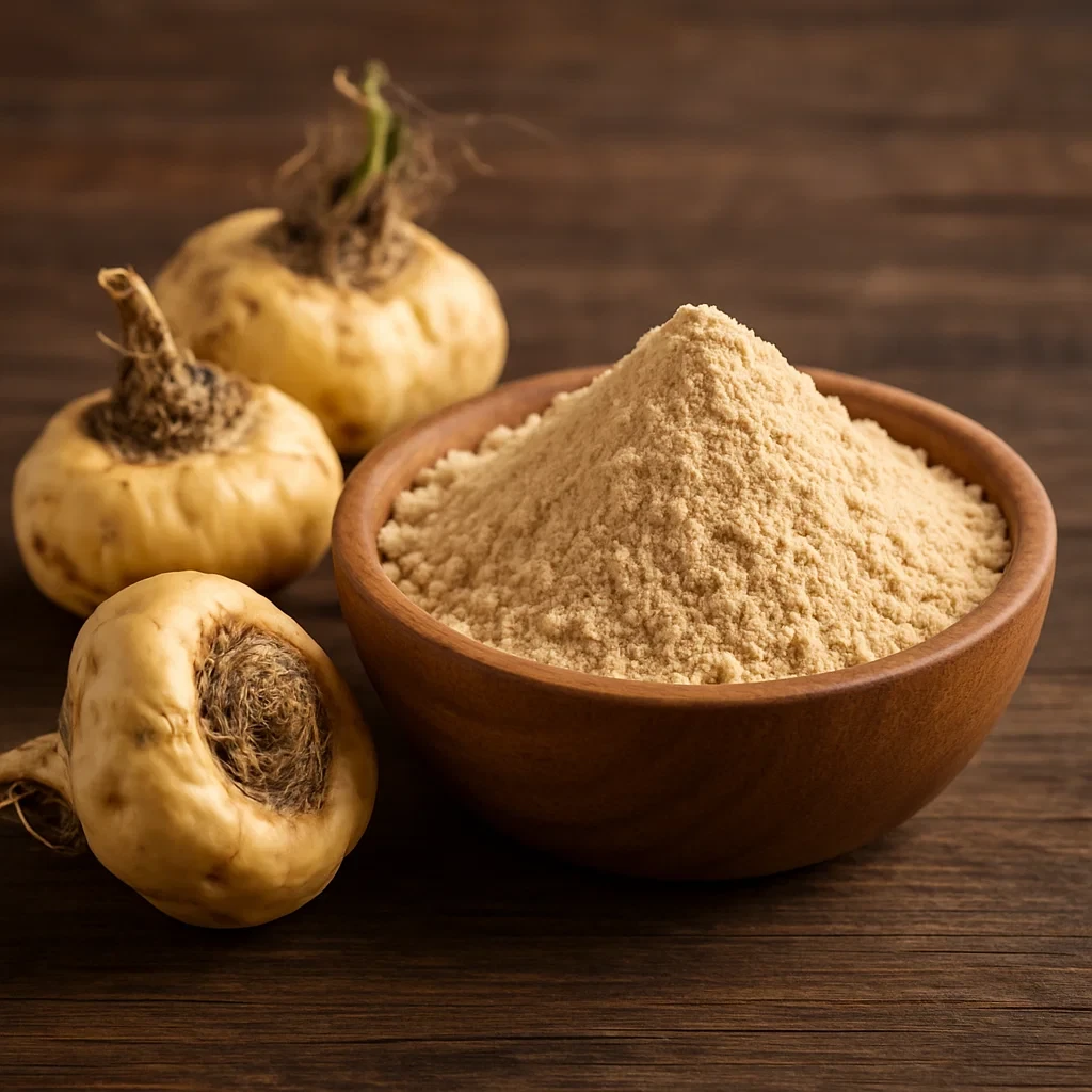 Maca roots and maca powder in a bowl