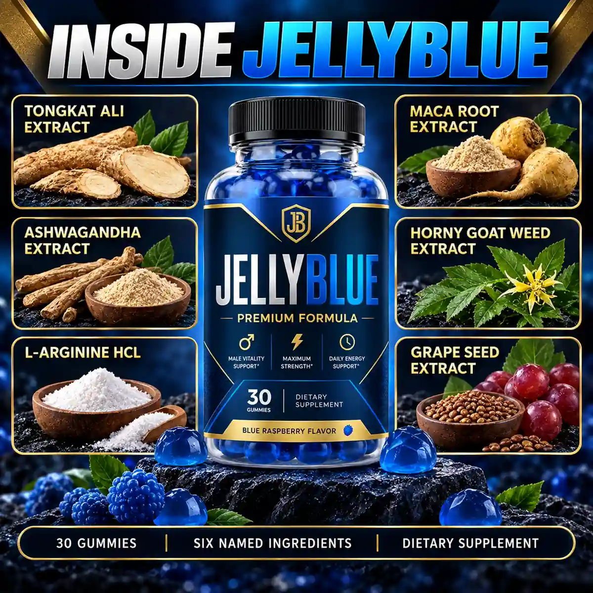 The INSIDE JELLYBLUE graphic naming six ingredients around the bottle
