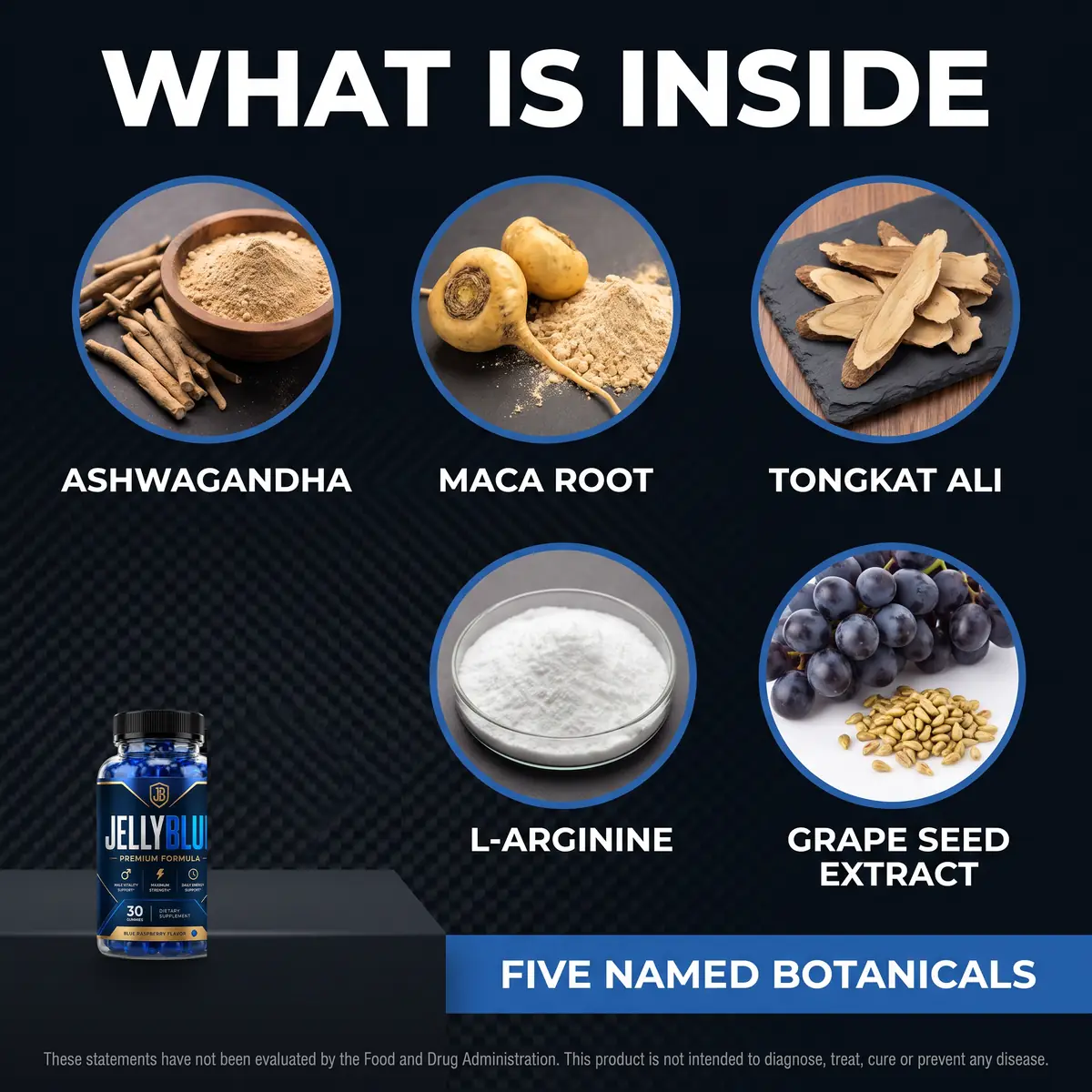What is inside JellyBlue: ashwagandha, maca root, tongkat ali, L-arginine and grape seed extract