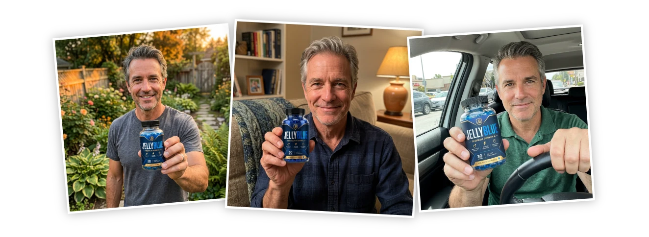 Polaroid photos of real men holding their JellyBlue bottles
