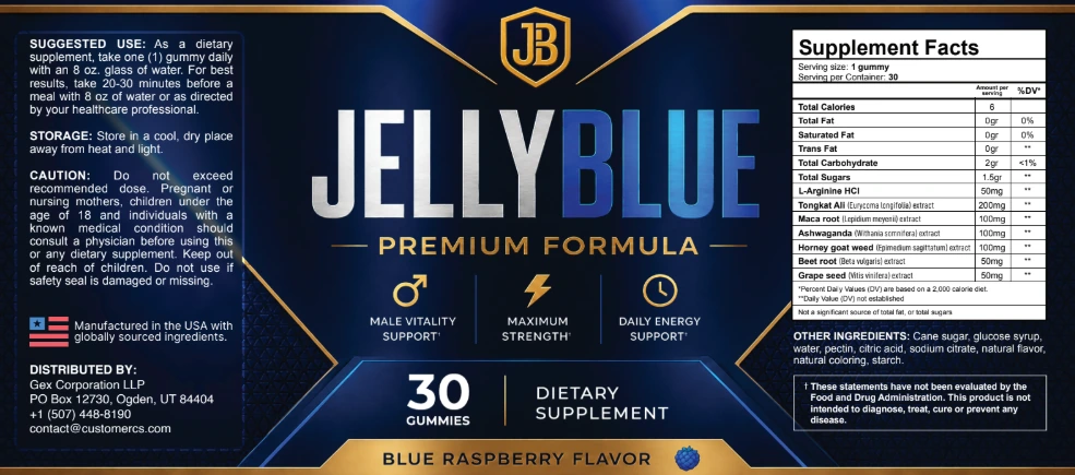 JellyBlue Supplement Facts label showing every ingredient and dose